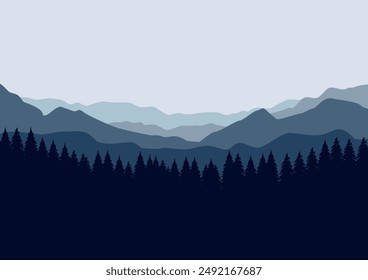 Mountain and pine forest panorama vector illustration template.