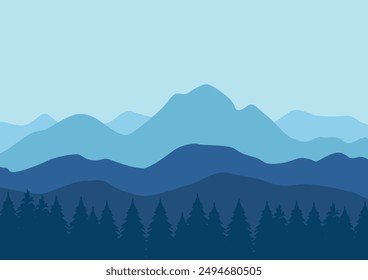 mountain and pine forest panorama vector illustration in flat design.