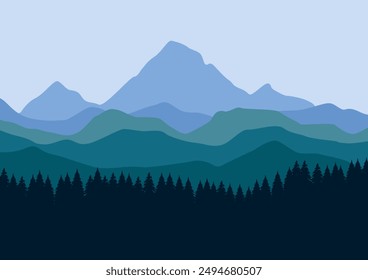mountain and pine forest panorama vector illustration in flat design.