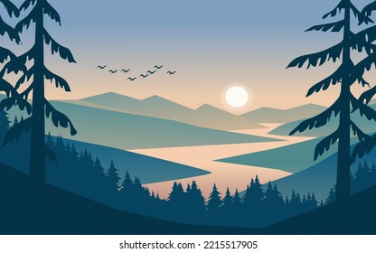 Mountain pine forest vector landscape with river view on sunset