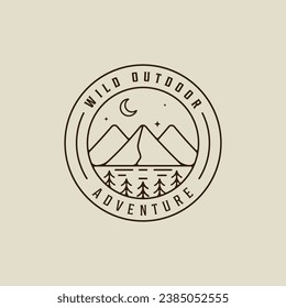 mountain and pine landscape logo line art simple vector illustration template icon graphic design. wild adventure nature outdoors sign or symbol for travel or environment business with badge