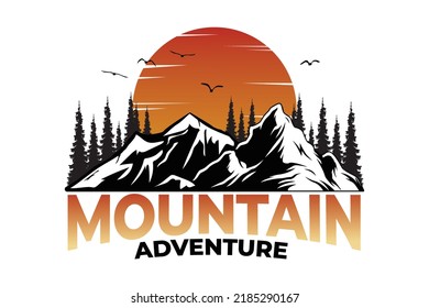 
Mountain pine tree adventure sunset vintage style t-shirt