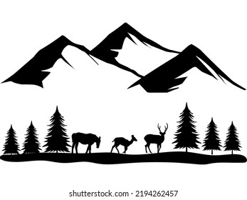 Mountain with Pine Tree and Animals Silhouette on White Background 