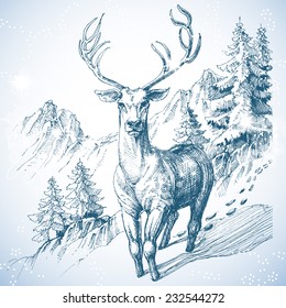 Mountain pine tree forest and deer sketch