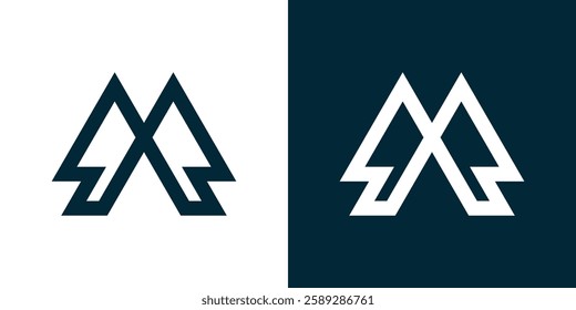 Mountain and pine tree inspiration logo line art, M letter logo with mountains.