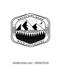 mountain pine tree and lake in the night logo vector illustration design, vintage logo, badge emblem, element