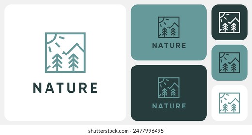 Mountain and pine tree outline landscape vector logo design with modern, simple, clean and abstract style.