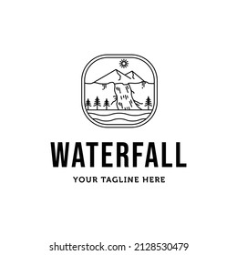 mountain pine tree river line art minimalist logo vector illustration design, waterfall logo design