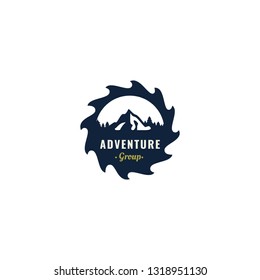 Mountain and pine tree in a sawmill logo. Adventure outdoor, woodworking logos icon, symbol