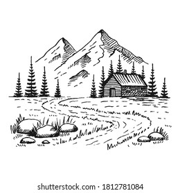 Mountain with pine trees and country house landscape black on white background. Hand drawn rocky peaks in sketch style. Vector illustration.