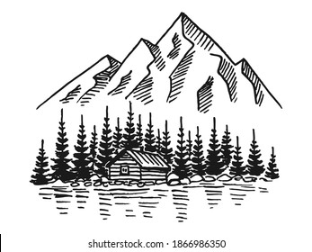 Mountain with pine trees and country house landscape black on white background. Hand drawn rocky peaks in sketch style. Vector illustration.