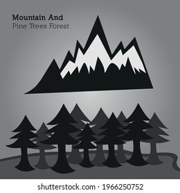 Mountain And Pine Trees Forest Illustration Flat Vector Grey Soft Gradation Color Background