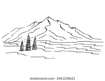 Mountain with pine trees and lake. Hand drawn vector illustration.