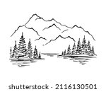 Mountain with pine trees and lake landscape. Hand drawn rocky peaks in sketch style.