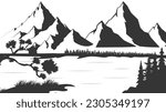 Mountain with pine trees and lake landscape black on white background. Silhouette rocky peaks in sketch style. Vector illustration.
