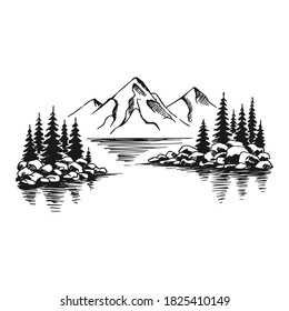 Mountain with pine trees and lake landscape black on white background. Hand drawn rocky peaks in sketch style. Vector illustration.