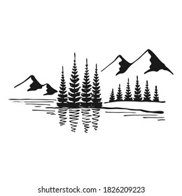 Mountain with pine trees and lake landscape black on white background. Hand drawn rocky peaks in sketch style. Vector illustration.