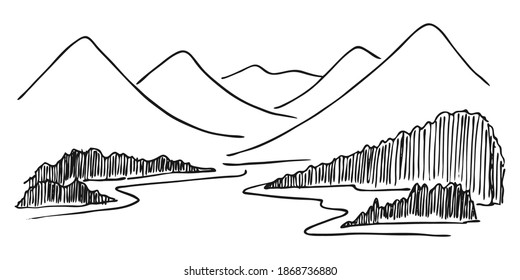 Mountain with pine trees and lake landscape black on white background. Hand drawn rocky peaks in sketch style. Vector illustration.