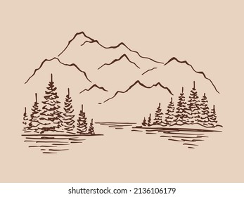 Mountain with pine trees and lake landscape. Hand drawn rocky peaks in sketch style.