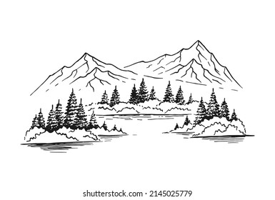 Mountain With Pine Trees And Lake Landscape. Hand Drawn Illustration Converted To Vector.