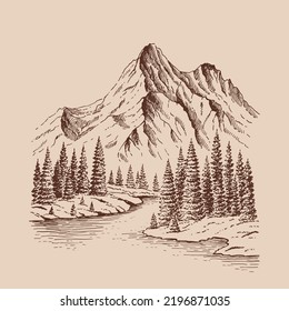 Mountain with pine trees and lake landscape. Hand drawn illustration converted to vector.