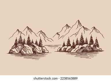 Mountain with pine trees and lake landscape. Hand drawn illustration converted to vector.