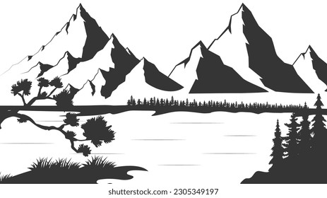 Mountain with pine trees and lake landscape black on white background. Silhouette rocky peaks in sketch style. Vector illustration.