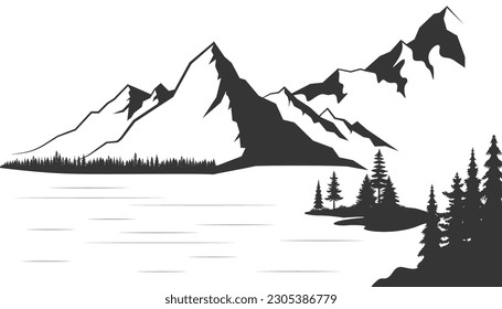 Mountain with pine trees and lake landscape black on white background. Hand drawn rocky peaks in sketch style. Vector illustration.