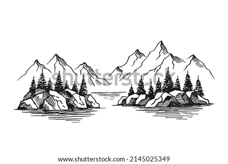 Mountain with pine trees and lake landscape. Hand drawn illustration converted to vector.