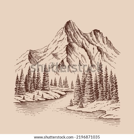 Mountain with pine trees and lake landscape. Hand drawn illustration converted to vector.