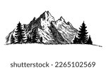 Mountain with pine trees and landscape black on white background. Hand drawn rocky peaks in sketch style. Vector landscape illustration. 