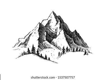 Mountain with pine trees and landscape black on white background. Hand drawn rocky peaks in sketch style. Vector illustration. 