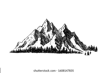 Mountain with pine trees and landscape black on white background. Hand drawn rocky peaks in sketch style. Vector illustration. 