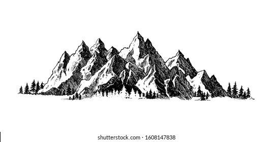 Mountain With Pine Trees And Landscape Black On White Background. Hand Drawn Rocky Peaks In Sketch Style. Vector Illustration. 