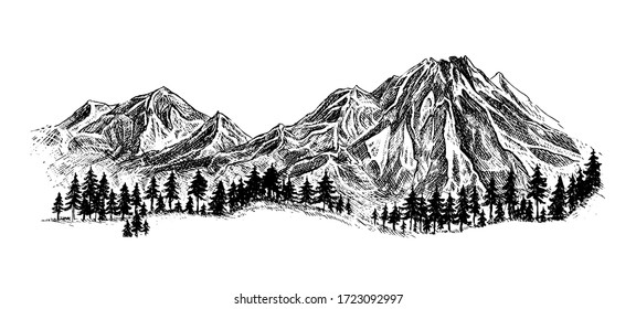 Mountain with pine trees and landscape black on white background. Hand drawn rocky peaks in sketch style. Vector illustration. 