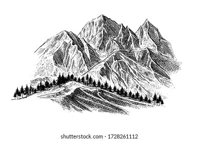 Mountain with pine trees and landscape black on white background. Hand drawn rocky peaks in sketch style. Vector illustration. 