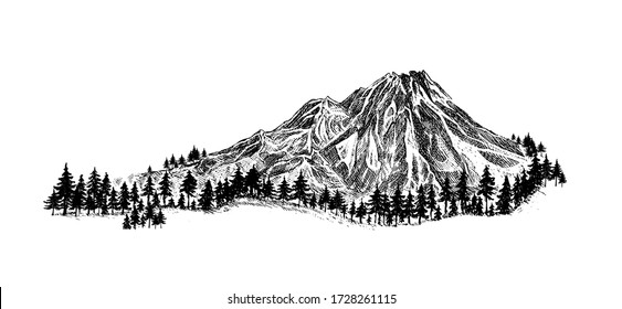 Mountain with pine trees and landscape black on white background. Hand drawn rocky peaks in sketch style. Vector illustration. 