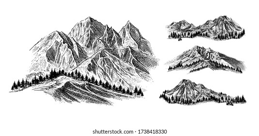 Mountain with pine trees and landscape black on white background. Hand drawn rocky peaks in sketch style. Vector illustration. 
