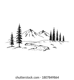 Mountain and pine trees   landscape black white background  Hand drawn rocky peaks in sketch style  Vector illustration 