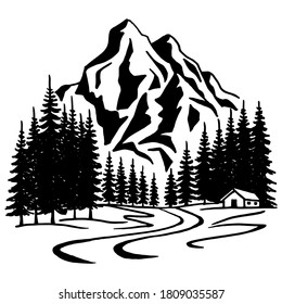 Mountain with pine trees and landscape black on white background. Hand drawn rocky peaks in sketch style. Vector illustration.