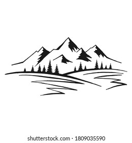 Mountain with pine trees and landscape black on white background. Hand drawn rocky peaks in sketch style. Vector illustration.
