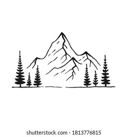 Montaña con pinos y paisaje negro sobre fondo blanco. Picos rocosos dibujados a mano en forma de sketch. Ilustración vectorial.