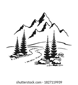 Mountain with pine trees and landscape black on white background. Hand drawn rocky peaks in sketch style. Vector illustration.