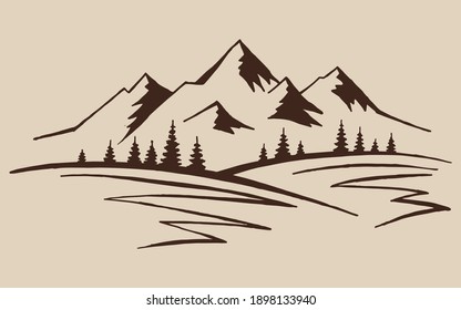 Montaña con pinos y paisaje negro sobre fondo blanco. Picos rocosos dibujados a mano en forma de sketch. Ilustración vectorial.