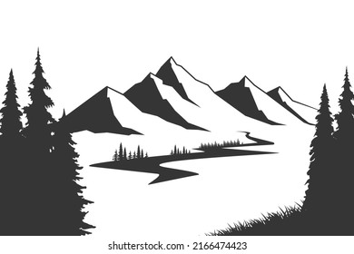 Mountain with pine trees and landscape black on white background. Vector illustration mountain with pine trees on white background. Mountain verctor illustration