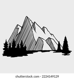 Mountain with pine trees and landscape black on white background