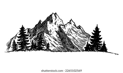 Mountain with pine trees and landscape black on white background. Hand drawn rocky peaks in sketch style. Vector landscape illustration. 