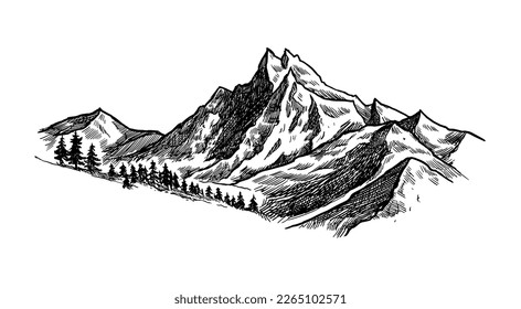 Montaña con pinos y paisaje negro sobre fondo blanco. Picos rocosos dibujados a mano en forma de sketch. Ilustración del paisaje vectorial. 