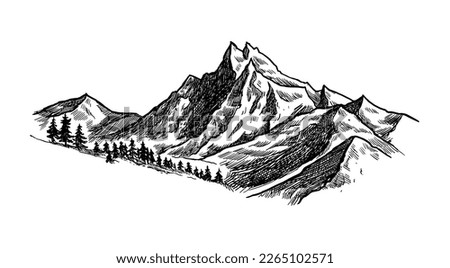 Mountain with pine trees and landscape black on white background. Hand drawn rocky peaks in sketch style. Vector landscape illustration. 