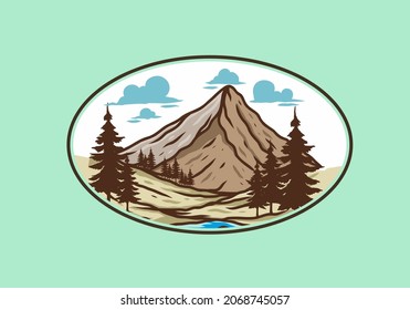 Mountain and pine trees line art illustration design